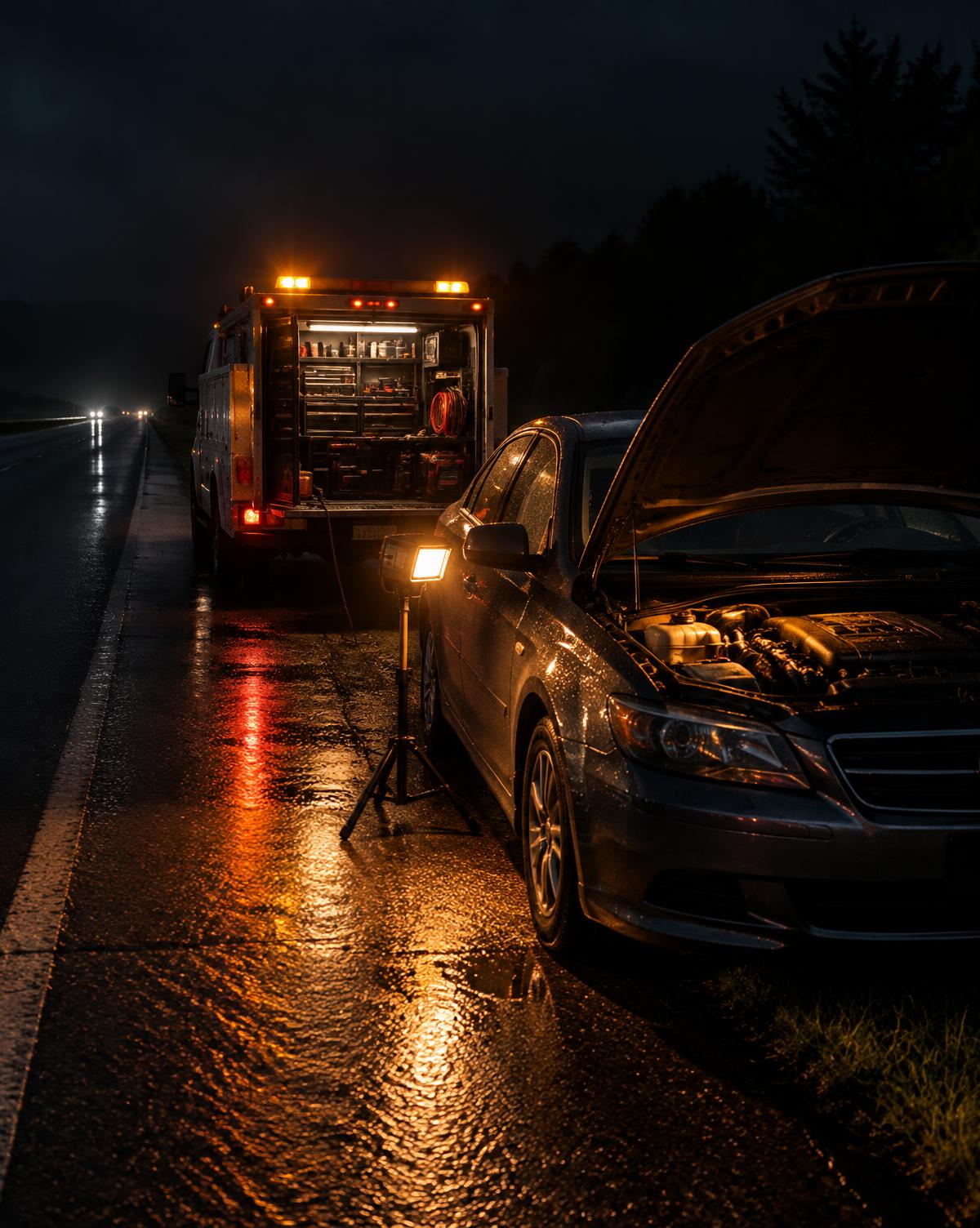 Mobile mechanic working under a work light on a night roadside